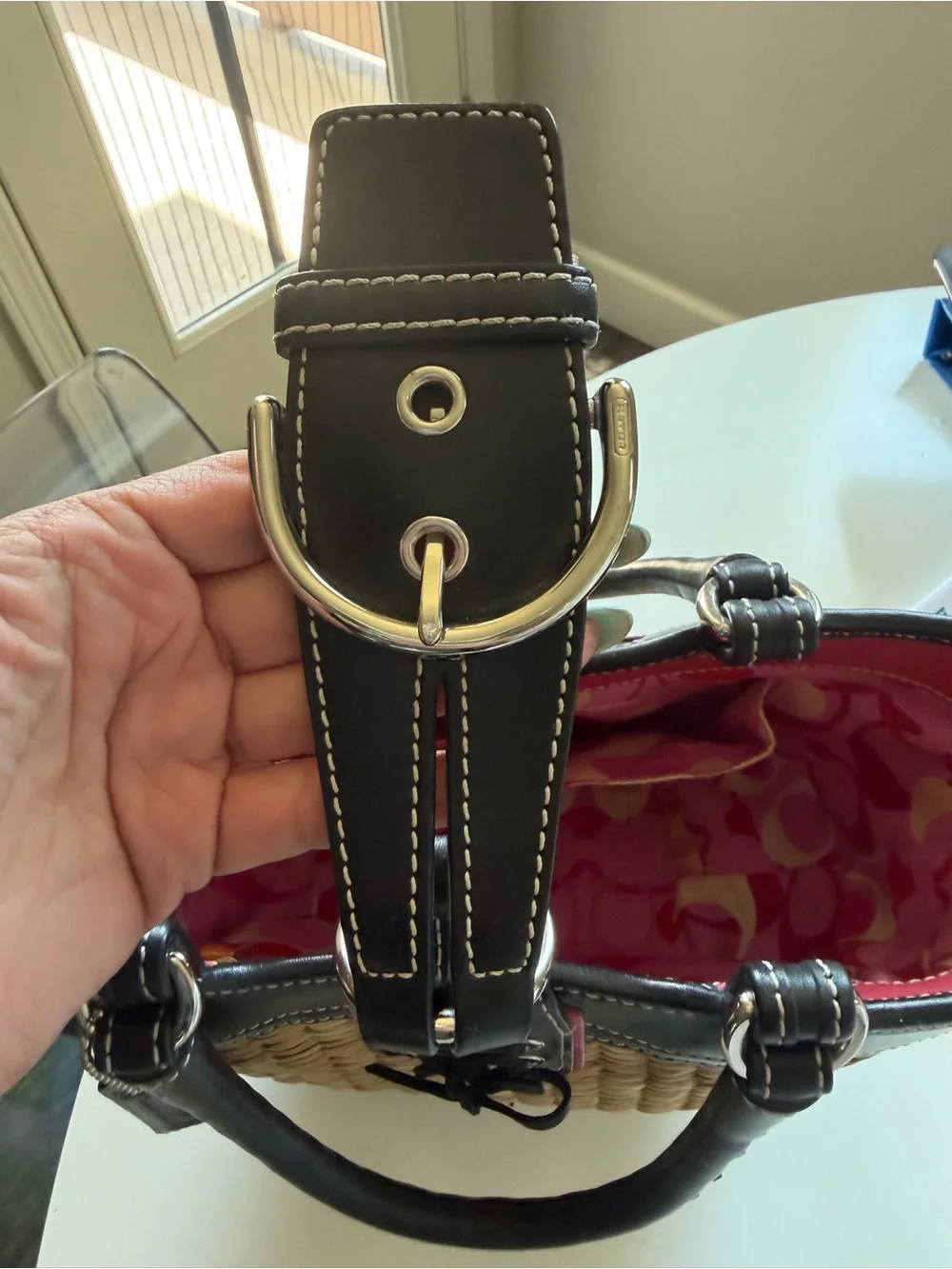 Coach Straw Tote with Black Trim and Pink Interior Accent - Picture 11 of 13